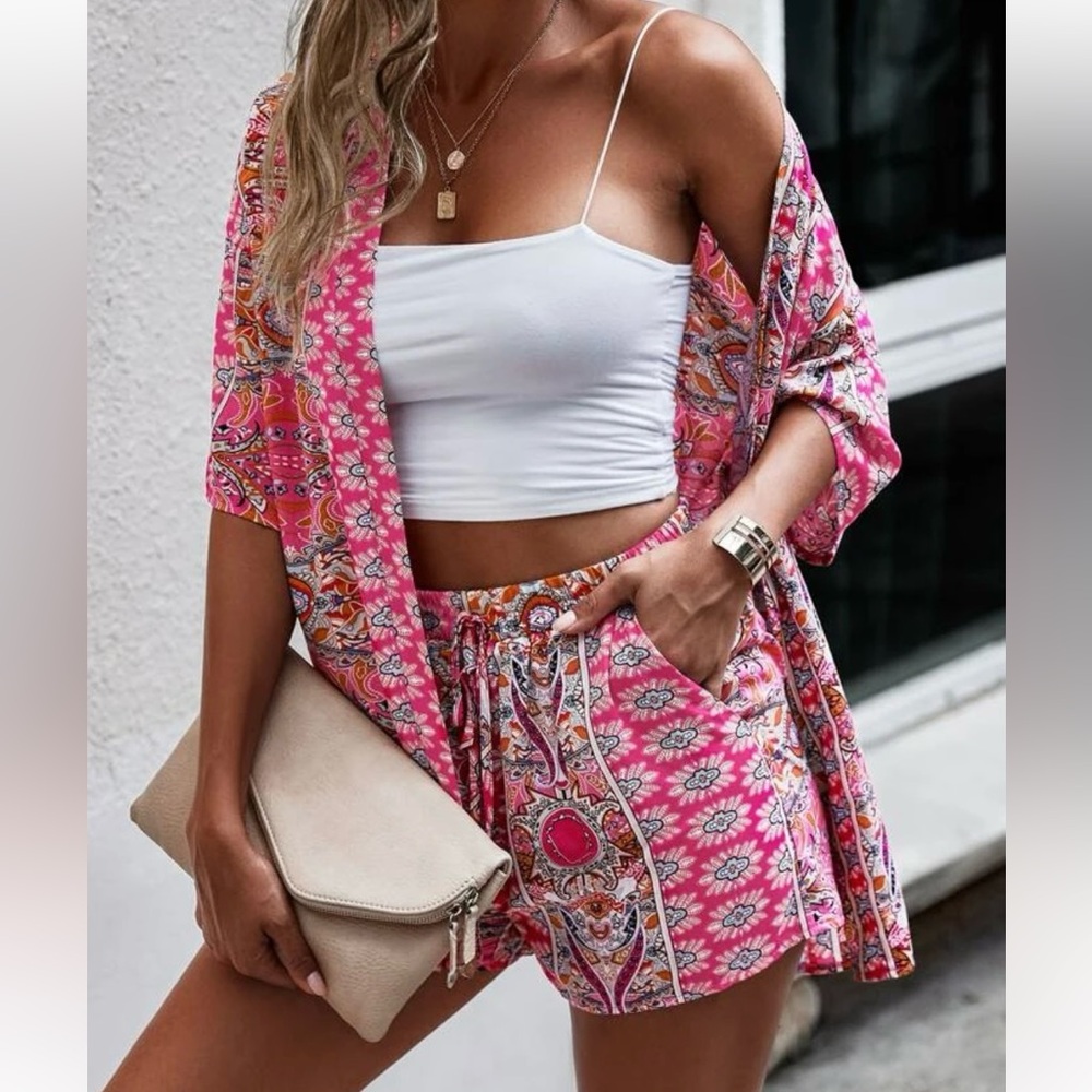 Paisley Print Open Front Kimono & Shorts Set Without Tube Top